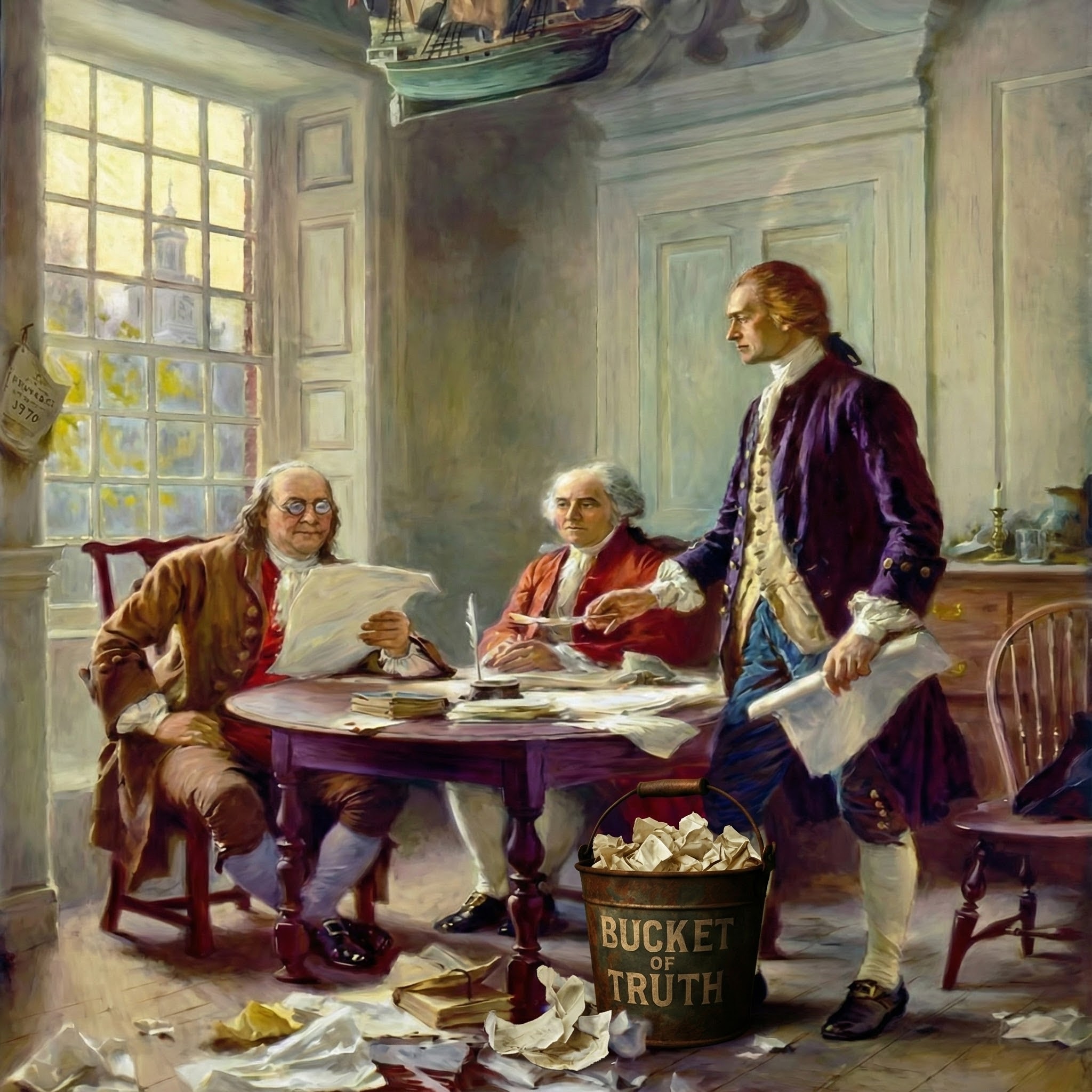 Founders drafting documents with the Bucket of Truth on the floor